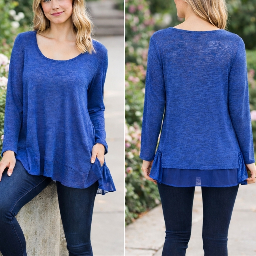 Nally & Millie Blue Lightweight Ruffle Hem Top – Size S/M NWT - Picture 1 of 13